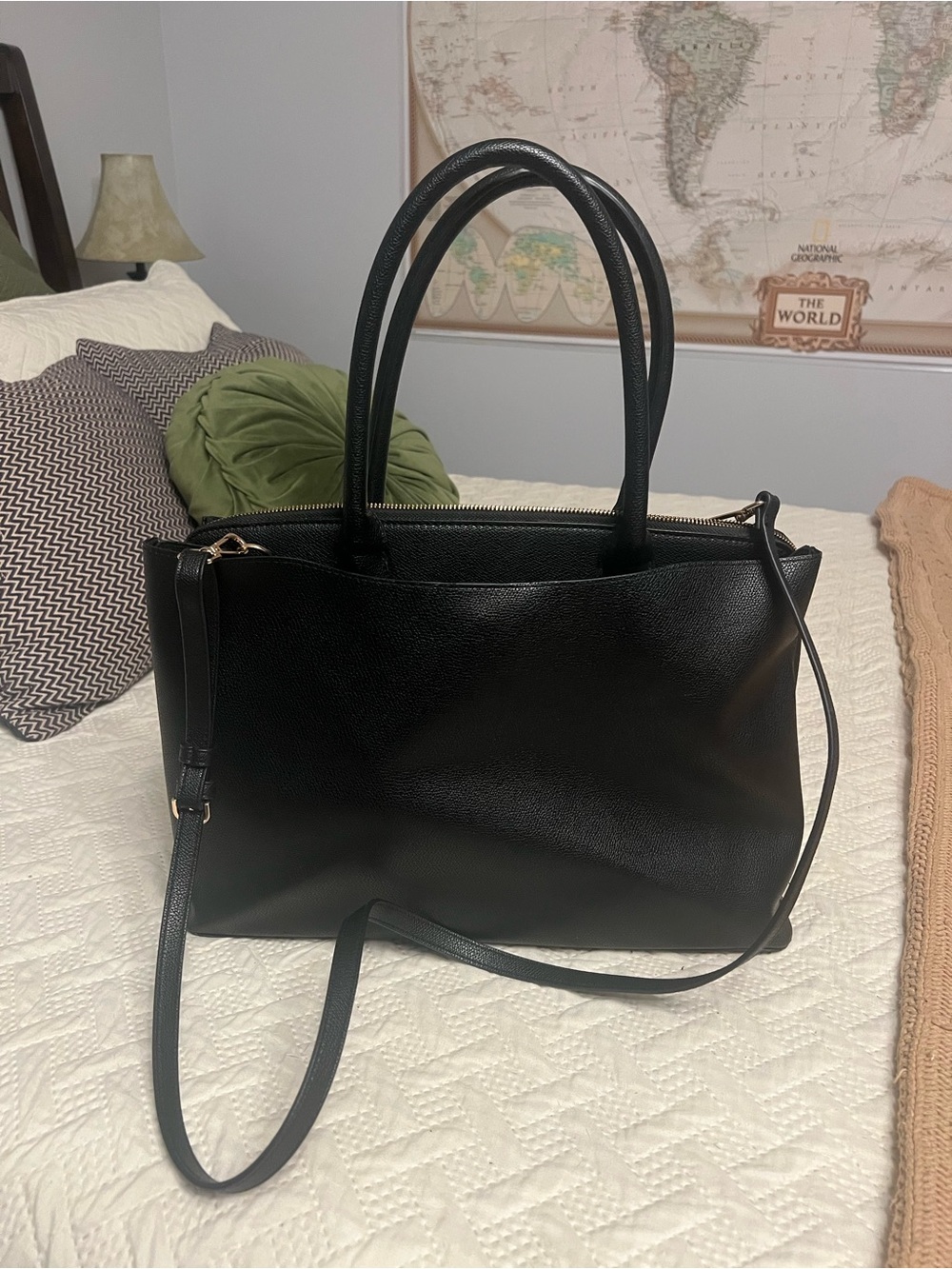 Classic Black Leather Tote Bag with Removable Shoulder Strap